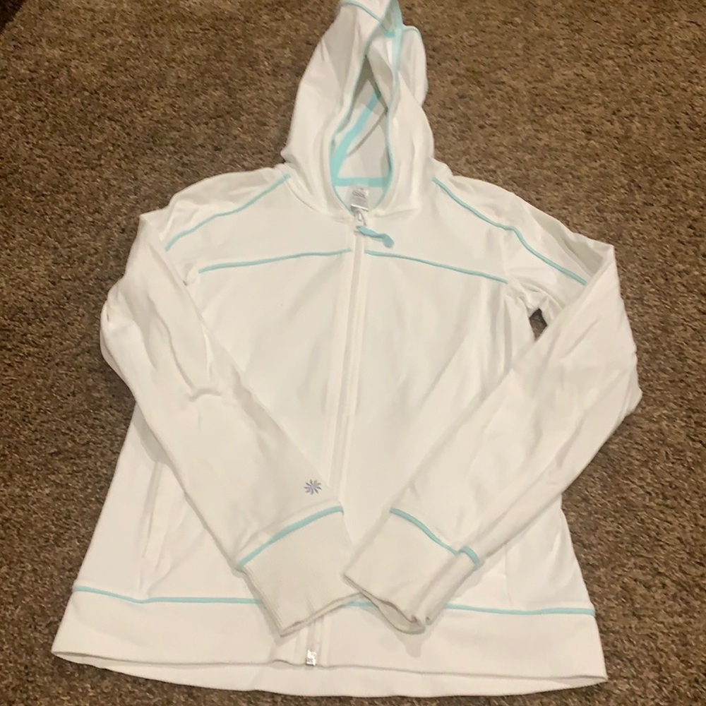 Athleta Girl L12 white & teal spring zip up hoodie